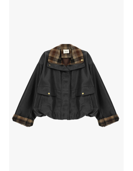 Dixie Faux Leather Jacket with Checked Collar and Cuffs