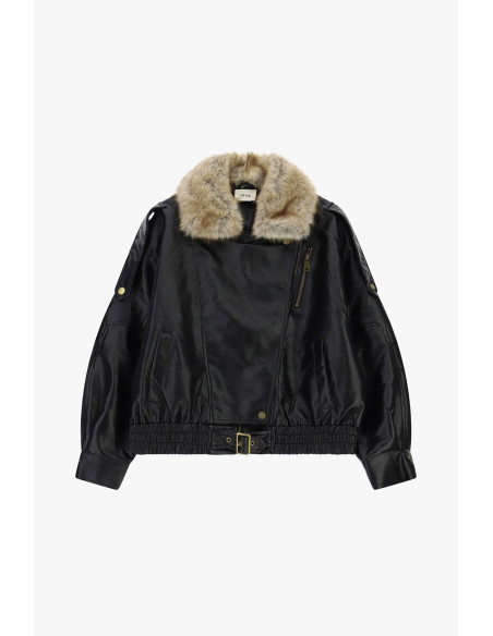 Dixie Leather Jacket with Belt and Fur Collar