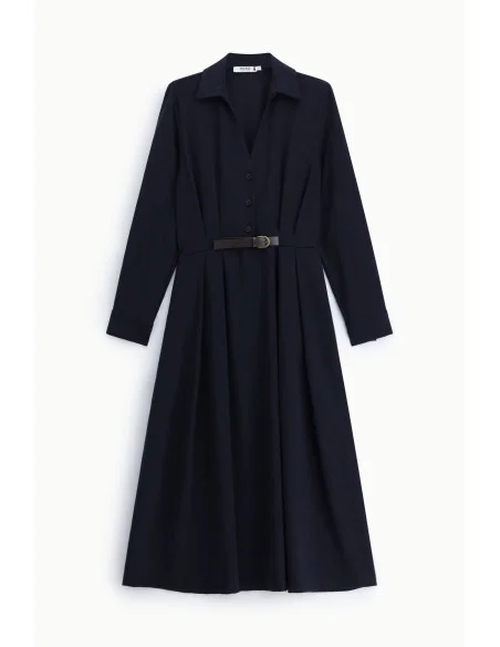 Long dress with a belt and a classic collar, please
