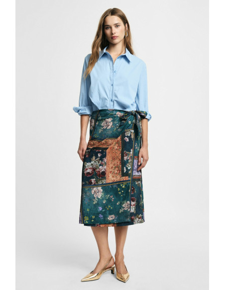 Floral Print Midi Wrap Skirt with Patch Detail – Please
