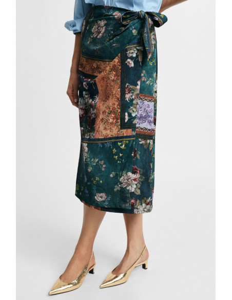 Jupe midi portefeuille à motif floral « Patch Please »