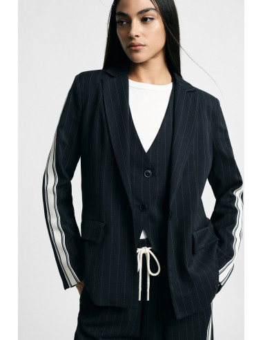 Striped Blazer with Contrast Sleeves and Button Fastening – Please