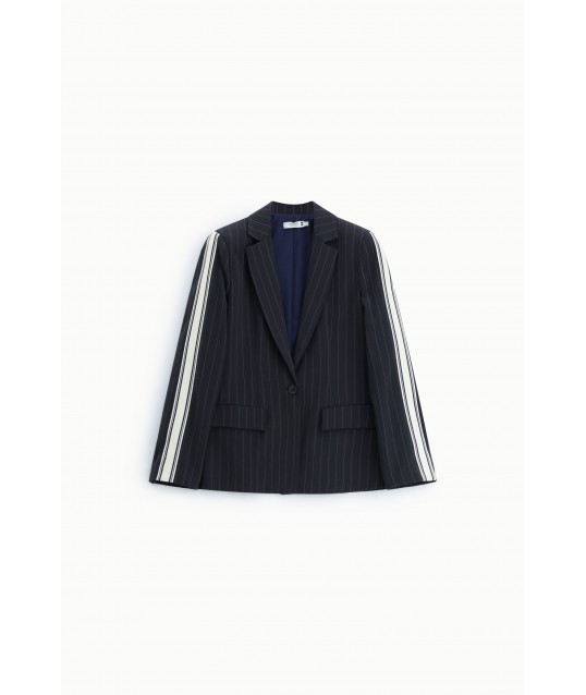 Striped Blazer with Contrast Sleeves and Button Fastening – Please