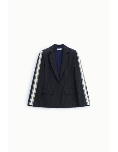 Striped Blazer with Contrast Sleeves and Button Fastening – Please