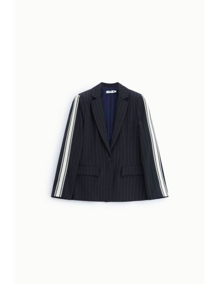 Striped Blazer with Contrast Sleeves and Button Fastening – Please
