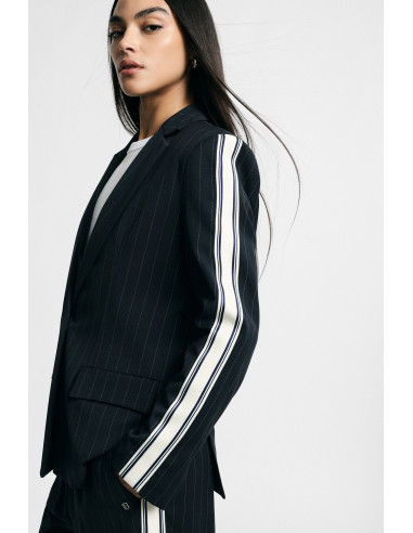 Striped Blazer with Contrast Sleeves and Button Fastening – Please
