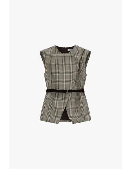Plaid Vest With Belt And Front Slit Please
