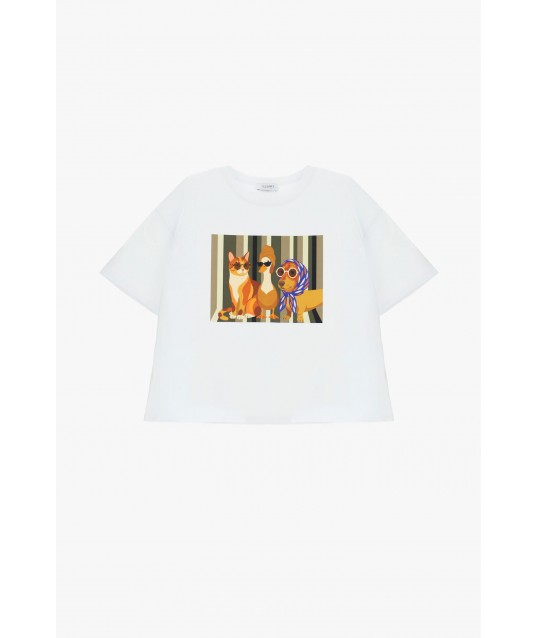 T-Shirt Girocollo Con Stampa Illustrata Frontale Please