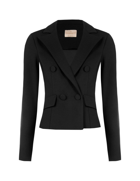 Short, Fitted, Double-Breasted Blazer Jacket in Scuba Crepe with Ma...