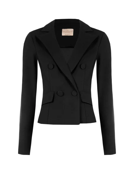 Cropped Fitted Double-Breasted Blazer Jacket in Scuba Crepe with Matching Buttons Rinascimento