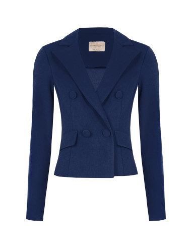 Cropped Fitted Double-Breasted Blazer Jacket in Scuba Crepe with Matching Buttons Rinascimento