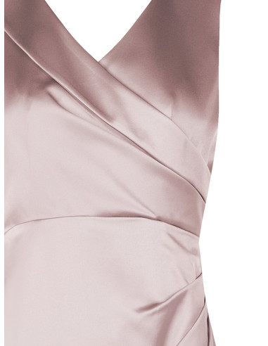 Long, structured satin dress with a crossover design and a double R...