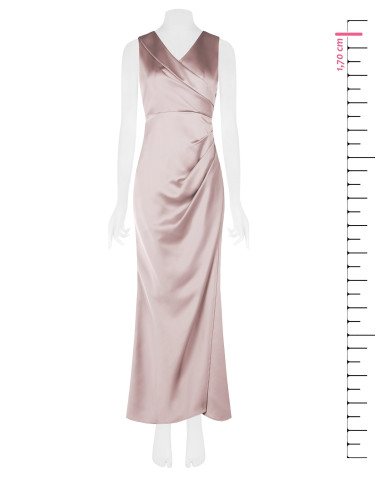 Long, structured satin dress with a crossover design and a double R...