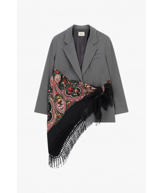 Dixie Blazer with Printed Scarf and Side Fringes