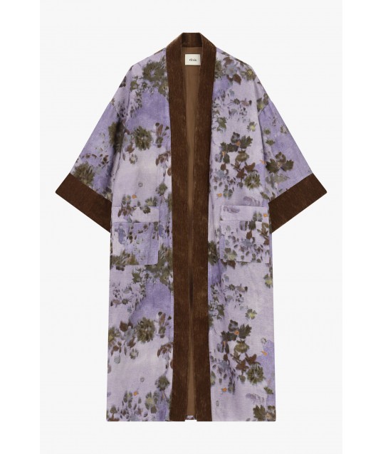 Dixie Floral-Print Duster Coat with Contrast Trimming