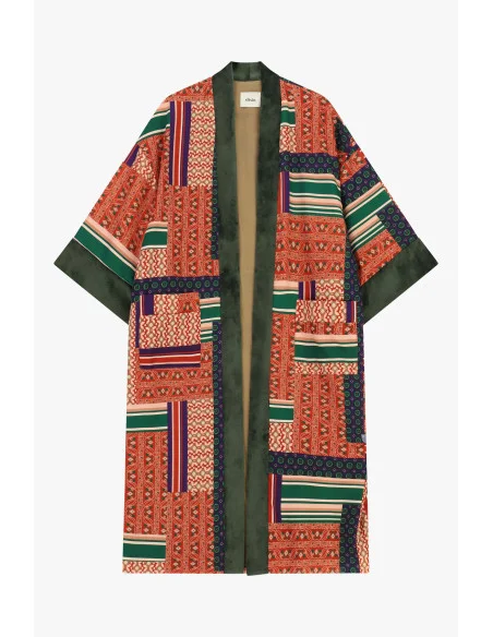 Dixie Patchwork-Print Duster Coat with Front Pockets
