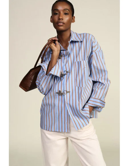 Striped Blouse with Metal Closure and Pocket Dixie