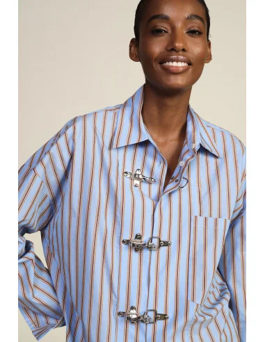 Striped Blouse with Metal Closure and Pocket Dixie