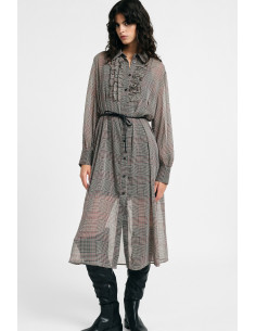 Check-print midi dress with a belt and ruffles, please