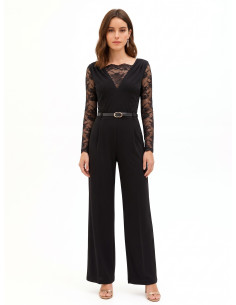 Combinaison longue coupe palazzo en jersey avec empiècements en dentelle et ceinture assortie en simili-cuir « Rinascimento »