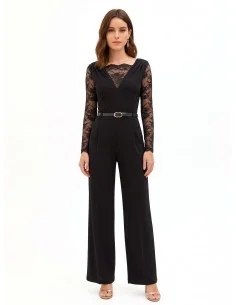 Combinaison longue coupe palazzo en jersey avec empiècements en dentelle et ceinture assortie en simili-cuir « Rinascimento »