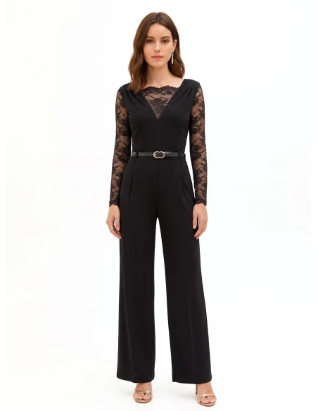 Palazzo-style knitted jumpsuit with lace inserts and a matching faux leather belt – Rinascimento
