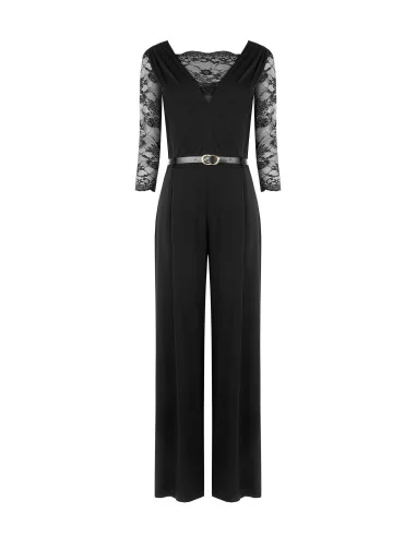 Palazzo-style knitted jumpsuit with lace inserts and a matching faux leather belt – Rinascimento
