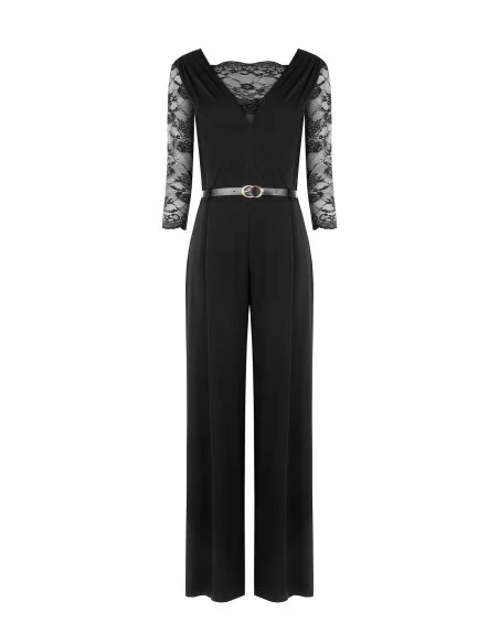 Palazzo-style knitted jumpsuit with lace inserts and a matching faux leather belt – Rinascimento