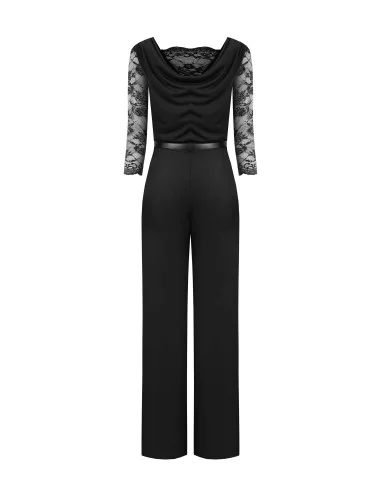 Combinaison longue coupe palazzo en jersey avec empiècements en dentelle et ceinture assortie en simili-cuir « Rinascimento »