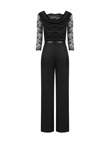 Palazzo-style knitted jumpsuit with lace inserts and a matching faux leather belt – Rinascimento