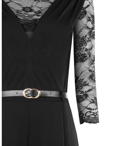 Combinaison longue coupe palazzo en jersey avec empiècements en dentelle et ceinture assortie en simili-cuir « Rinascimento »