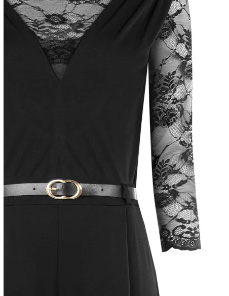 Combinaison longue coupe palazzo en jersey avec empiècements en dentelle et ceinture assortie en simili-cuir « Rinascimento »