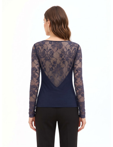 Fitted Jersey Top with a Round Neckline and Rinascimento Lace Sleeves