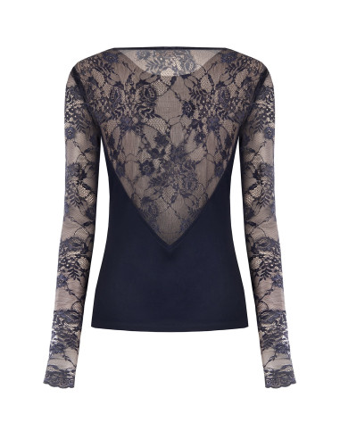 Fitted Jersey Top with a Round Neckline and Rinascimento Lace Sleeves