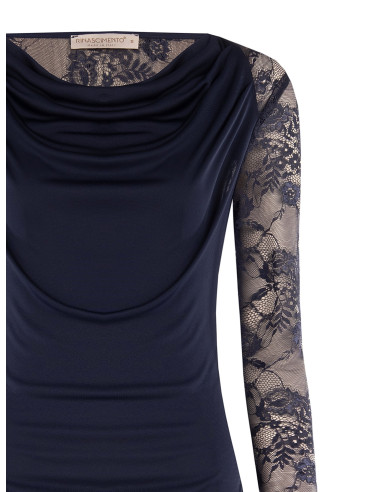 Fitted Jersey Top with a Round Neckline and Rinascimento Lace Sleeves