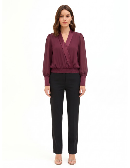 Blouse ballon en georgette avec revers et larges poignets en satin « Rinascimento »