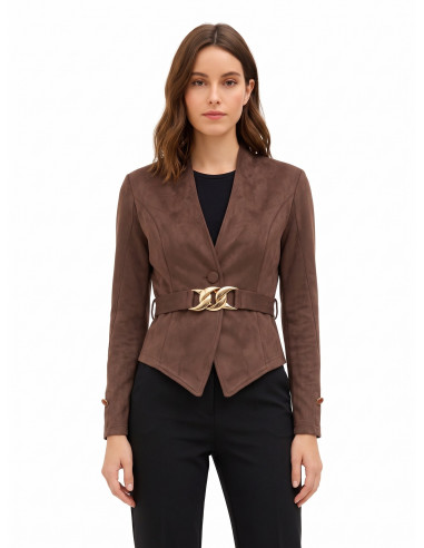 Giacca Blazer Corta Sfiancata In Simil-Dainetto Con Cintura Rigida Coordinata E Fibbia Catena Rinascimento