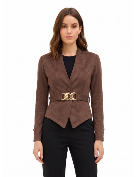 Veste blazer courte cintrée en simili-daim, avec ceinture rigide assortie et boucle à chaîne « Rinascimento »