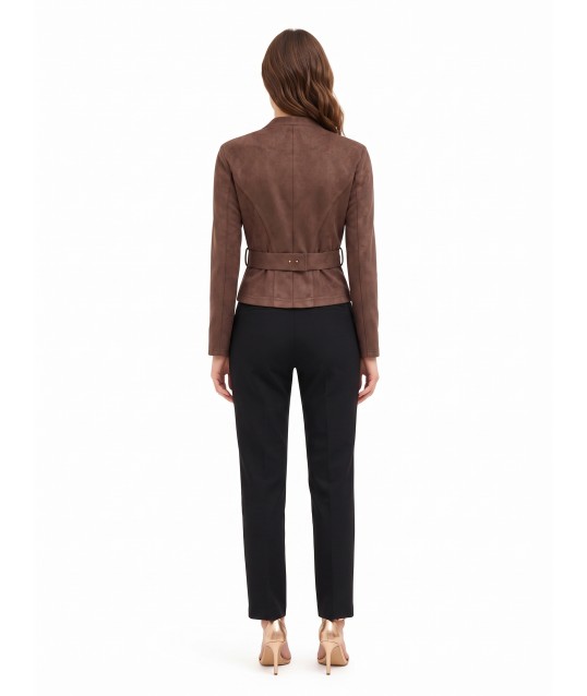 Short, Fitted Blazer Jacket in Faux Dainetto Leather with a Matching Rigid Belt and Rinascimento Chain Buckle