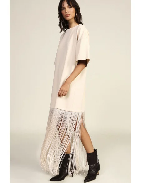Long T-Shirt Dress with Decorative Fringes Dixie