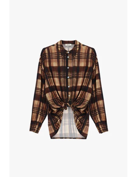 Plaid Blouse with Front Knot and Relaxed Fit Dixie