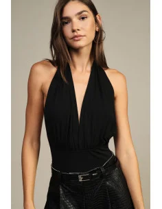 Bodysuit with Deep Crossed Neckline and Bow Dixie