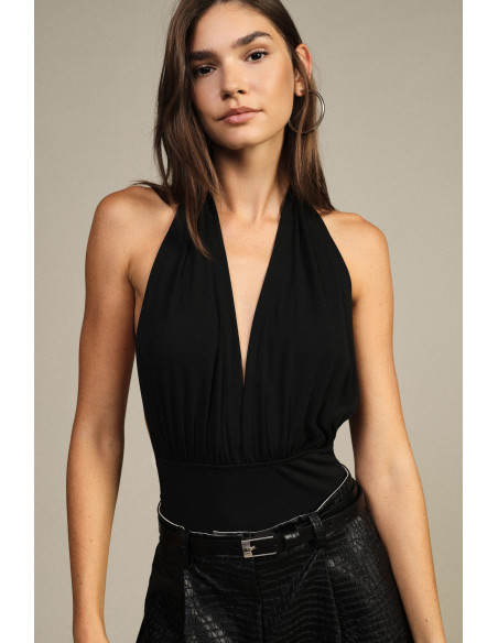 Dixie Cross-Over Low-Cut Bodysuit With Bow - Designer Clothing...