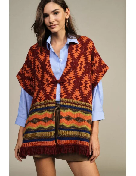 Geometric Pattern Poncho with Fringes Dixie