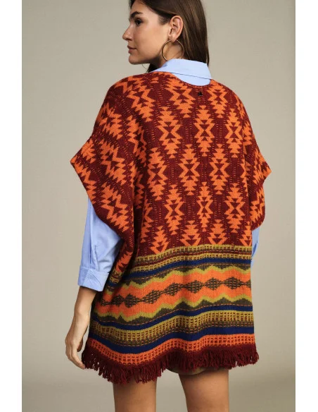 Geometric Pattern Poncho with Fringes Dixie