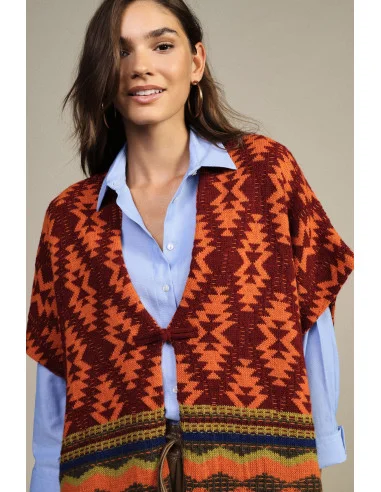 Geometric Pattern Poncho with Fringes Dixie