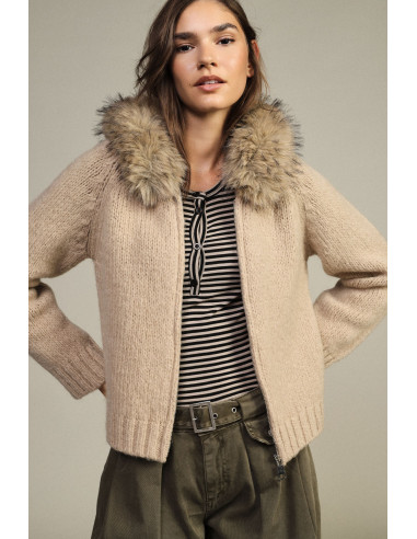 Cardigan Con Zip E Cappuccio Bordato In Pelliccia Dixie