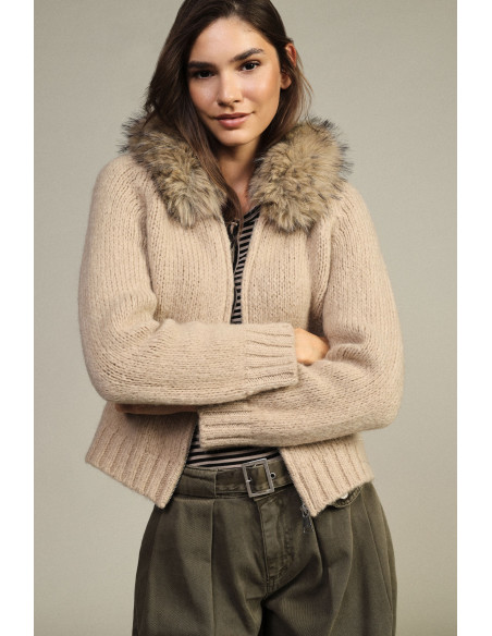 Cardigan Con Zip E Cappuccio Bordato In Pelliccia Dixie