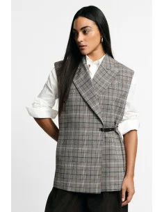 Gilet à carreaux avec ceinture sur le côté et revers, Please