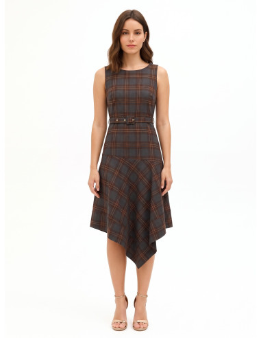 Robe midi à carreaux en polyviscose, avec ourlet en pointe et ceinture rigide assortie « Rinascimento »